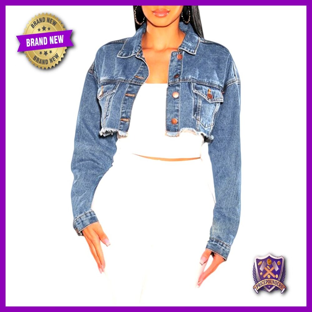 Cropped Denim Jacket Retro Fitted Button Down Long Sleeve Vintage Style